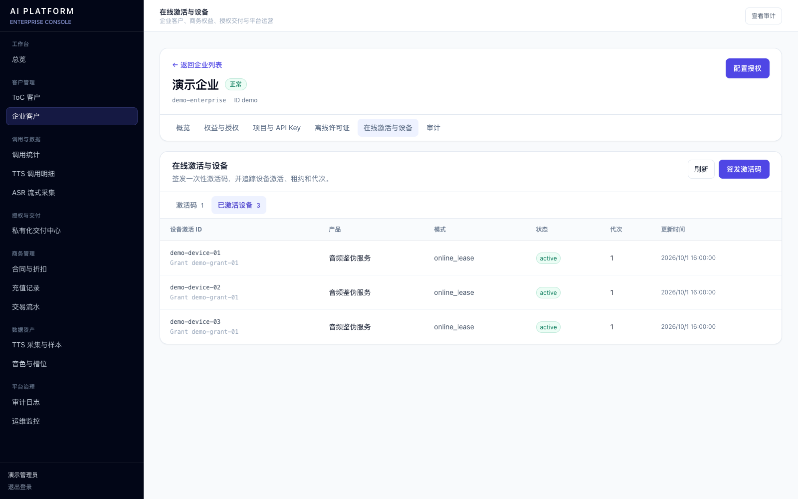 企业控制台 · 在线激活与设备